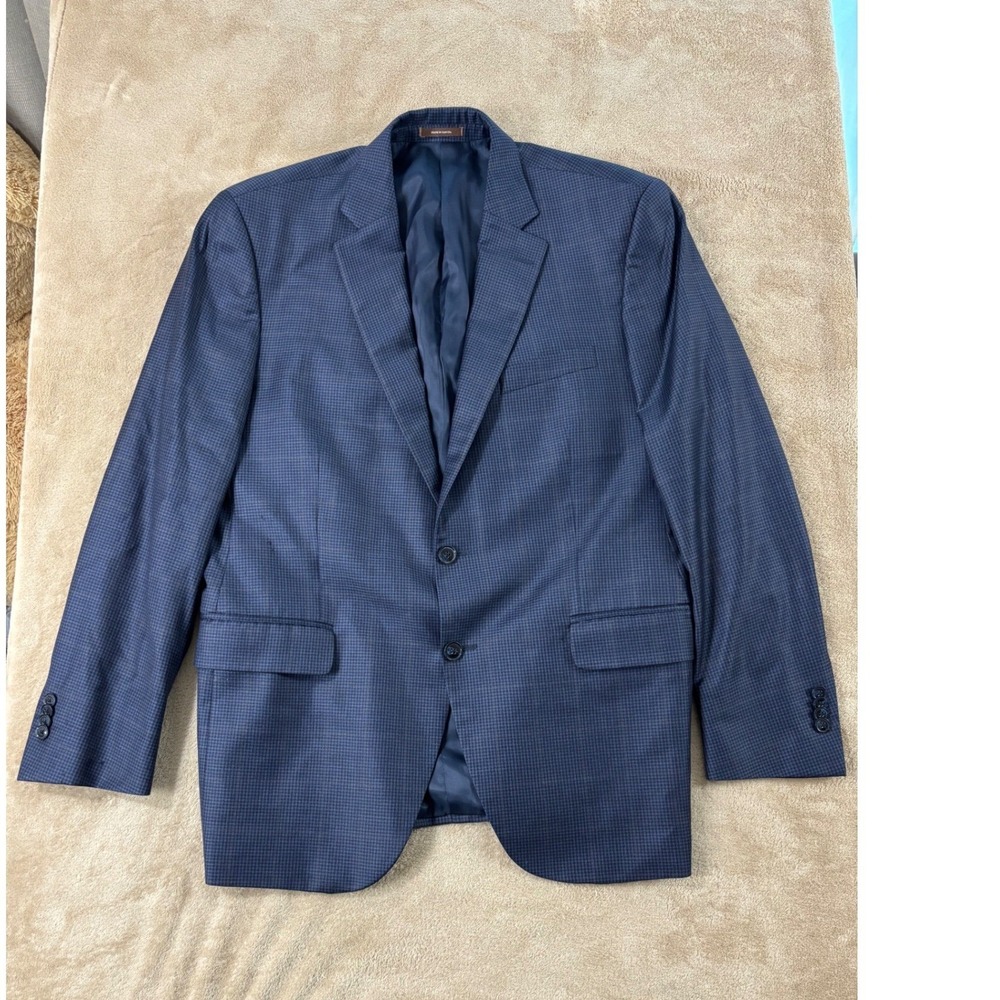 Peter Millar Wool Sport Blazer Mens 42R Navy Blue plaid check Aqua nanoluxe